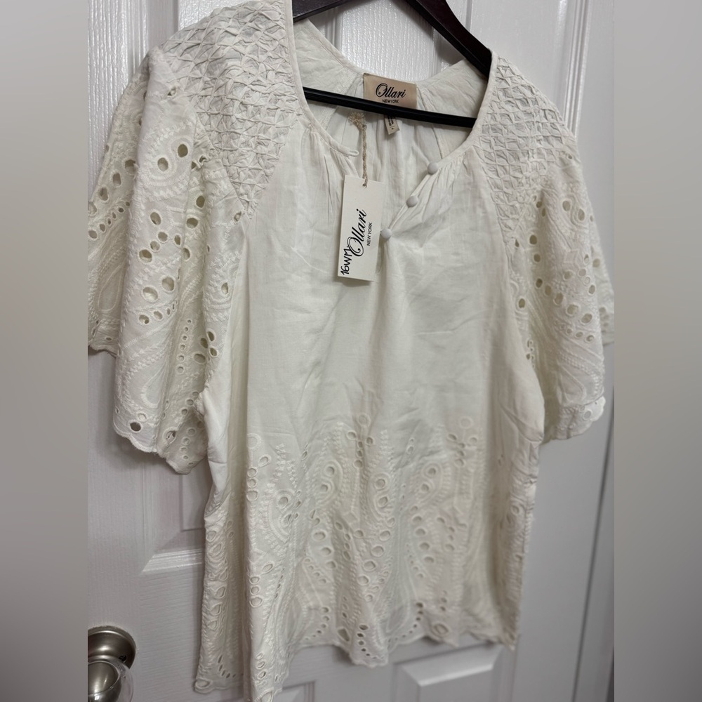 Ollari New York White Eyelet Boho Blouse | Smocked Cotton Top | Size L | NWT - Picture 2 of 6